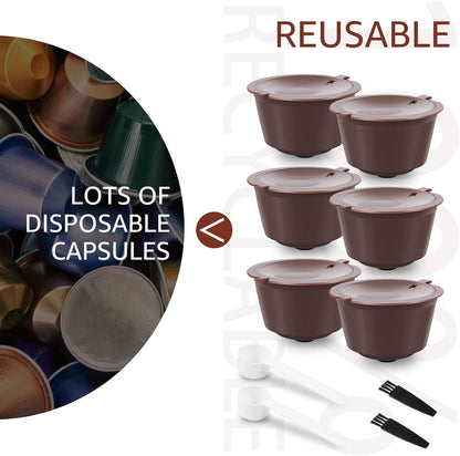 6 Pcs Refillable Coffee Pods Kit, 5.4x3.5 cm Food Grade PP Coffee Capsule with 2 Spoon and 2 Brush