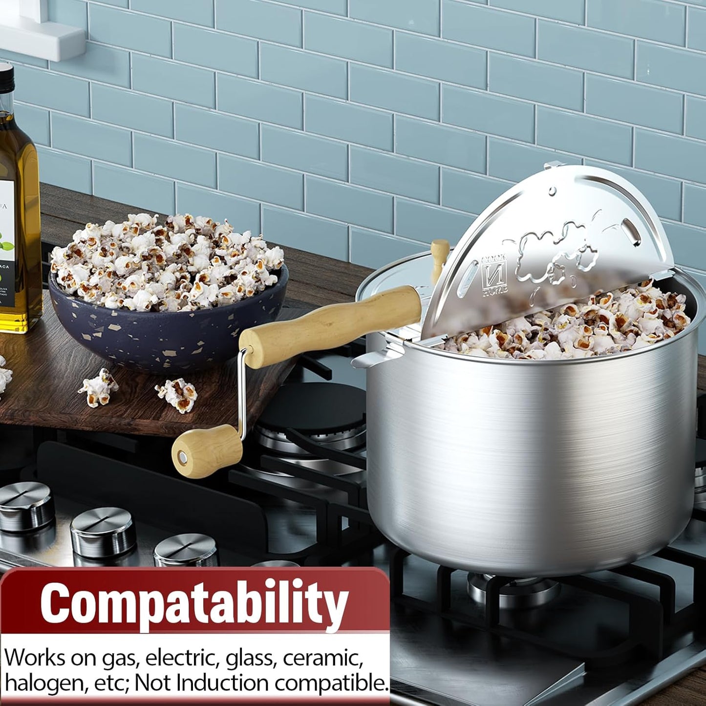 Cook N Home 6-Quart Aluminum Stovetop Popcorn Popper with Crank, Red Popcorn Pot