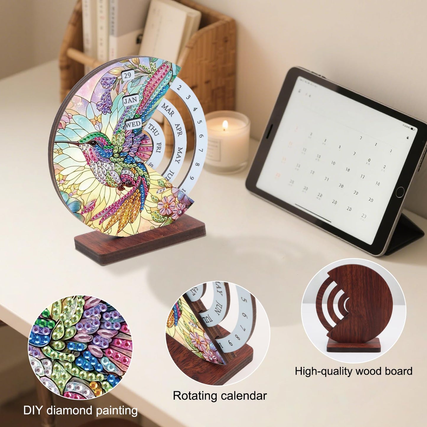 MVVMTOP Diamond Painting Wooden Rotating Calendar Kit, Hummingbird Design Special Shape Diamond Art Handicraft Kit, Rotating Day Month Week and Reusable Calendars, Ideal for Desk Decor & Gift