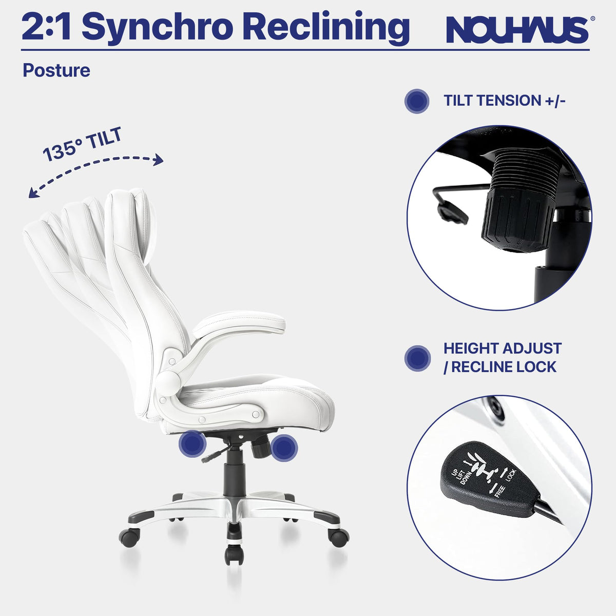 Nouhaus +Posture Ergonomic PU Leather Office Chair. Click5 Lumbar Support with FlipAdjust Armrests. Modern Executive Chair and Computer Desk Chair (White)