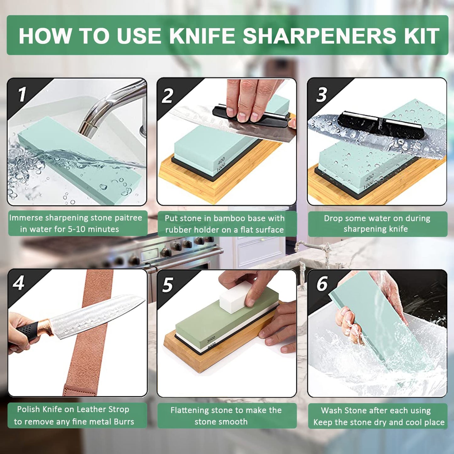 Wucgea Knife Sharpening Stone Kit - 400/1000 3000/8000 Grit Japanese Whetstone Set with Non-Slip Rubber Base, Angle Guide, Flattening Stone and Leather Strop