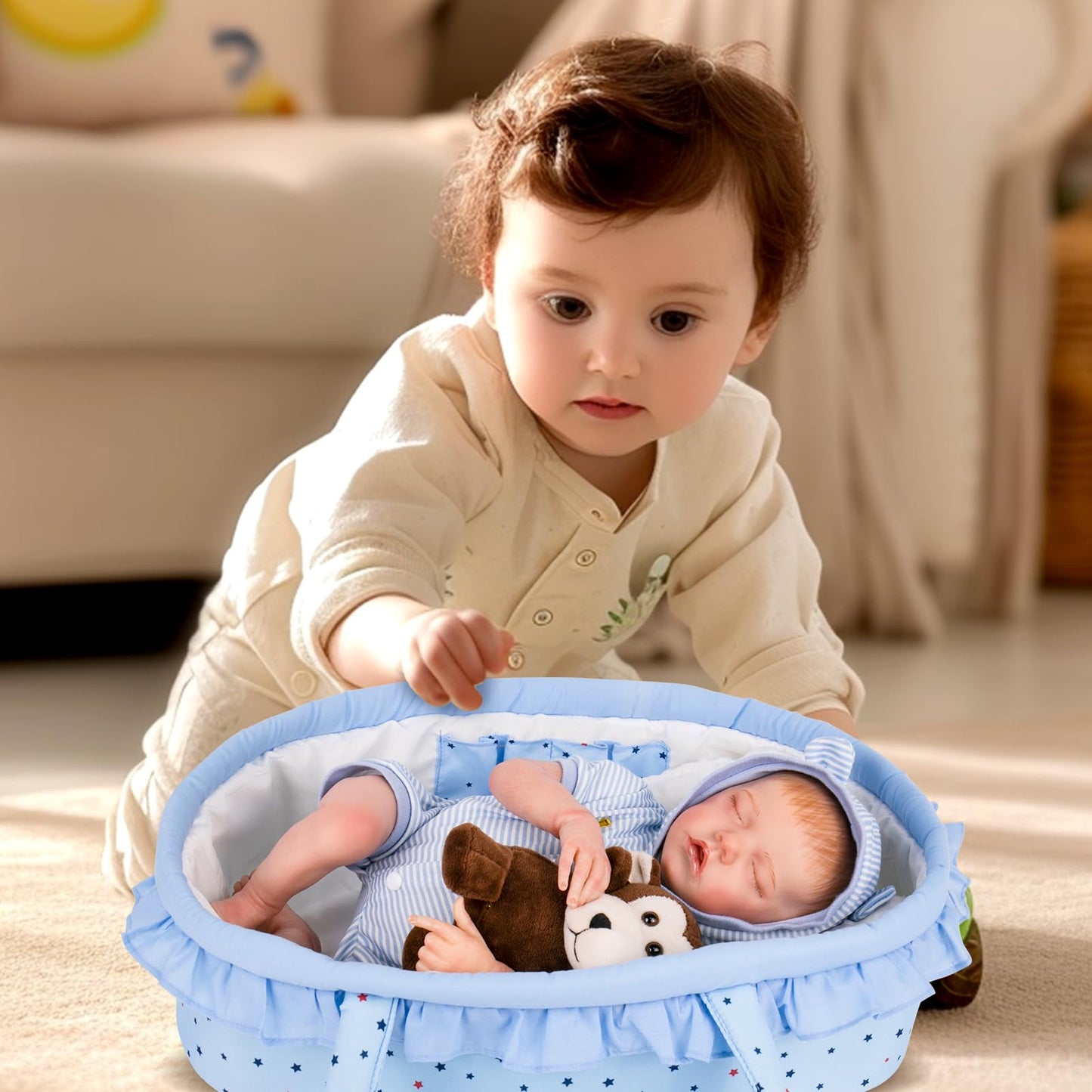 Aori 7 Pcs Reborn Baby Dolls Outfit Set with Bassinet Accessories for 16-18 Inch Newborn Doll, Blue Carrier Bed and Baby Clothes fit Newborn Doll