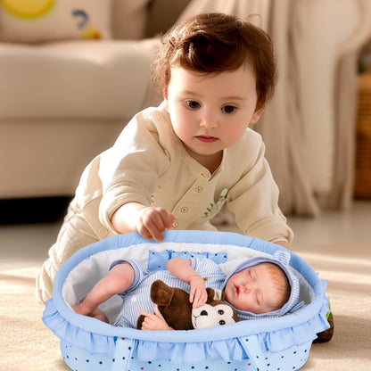 Aori 7 Pcs Reborn Baby Dolls Outfit Set with Bassinet Accessories for 16-18 Inch Newborn Doll, Blue Carrier Bed and Baby Clothes fit Newborn Doll
