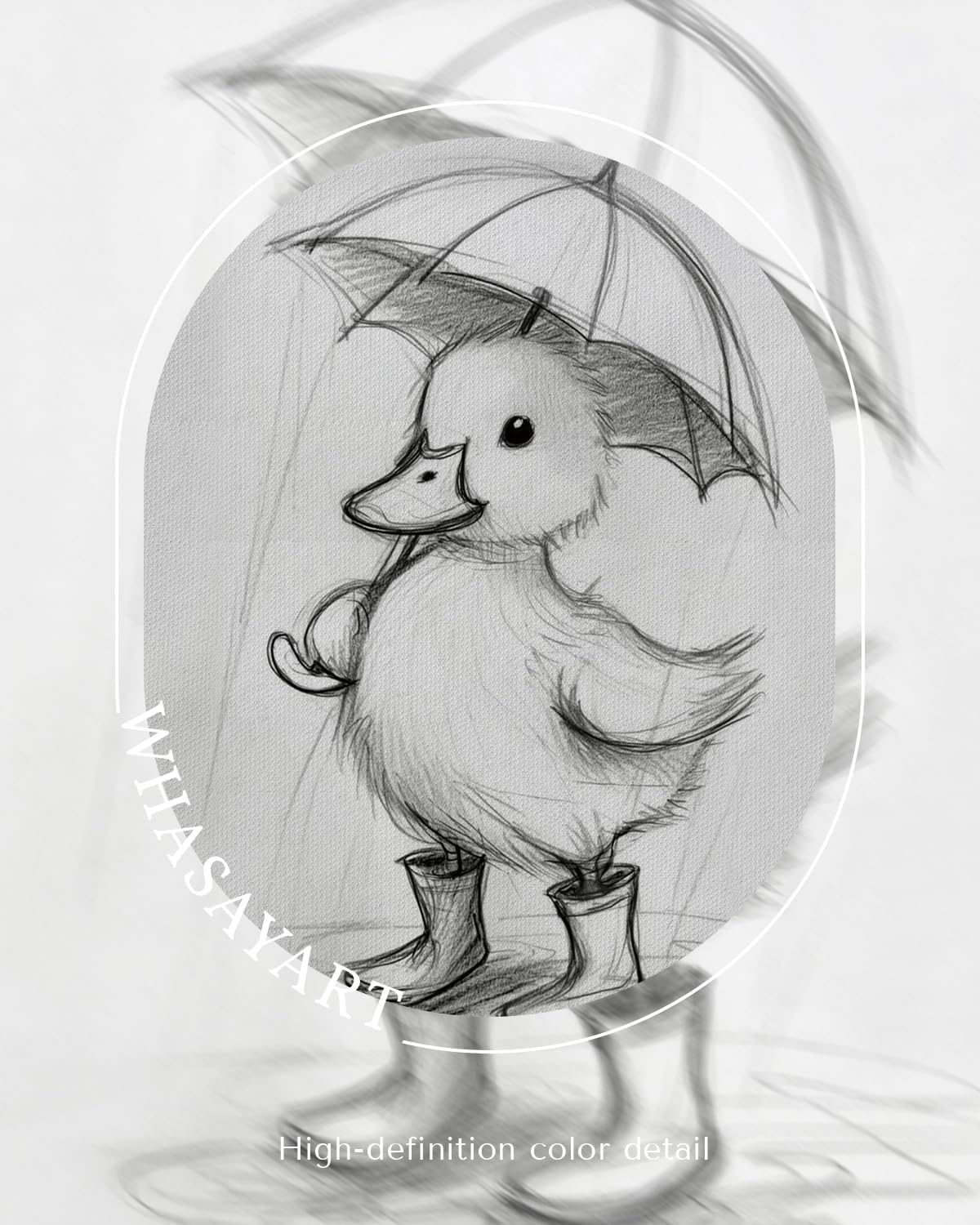 12x16 Inch, Framed Duck Canvas Wall Art Cute Baby Duck Sketch Illustration with Umbrella Print, Minimalist Black