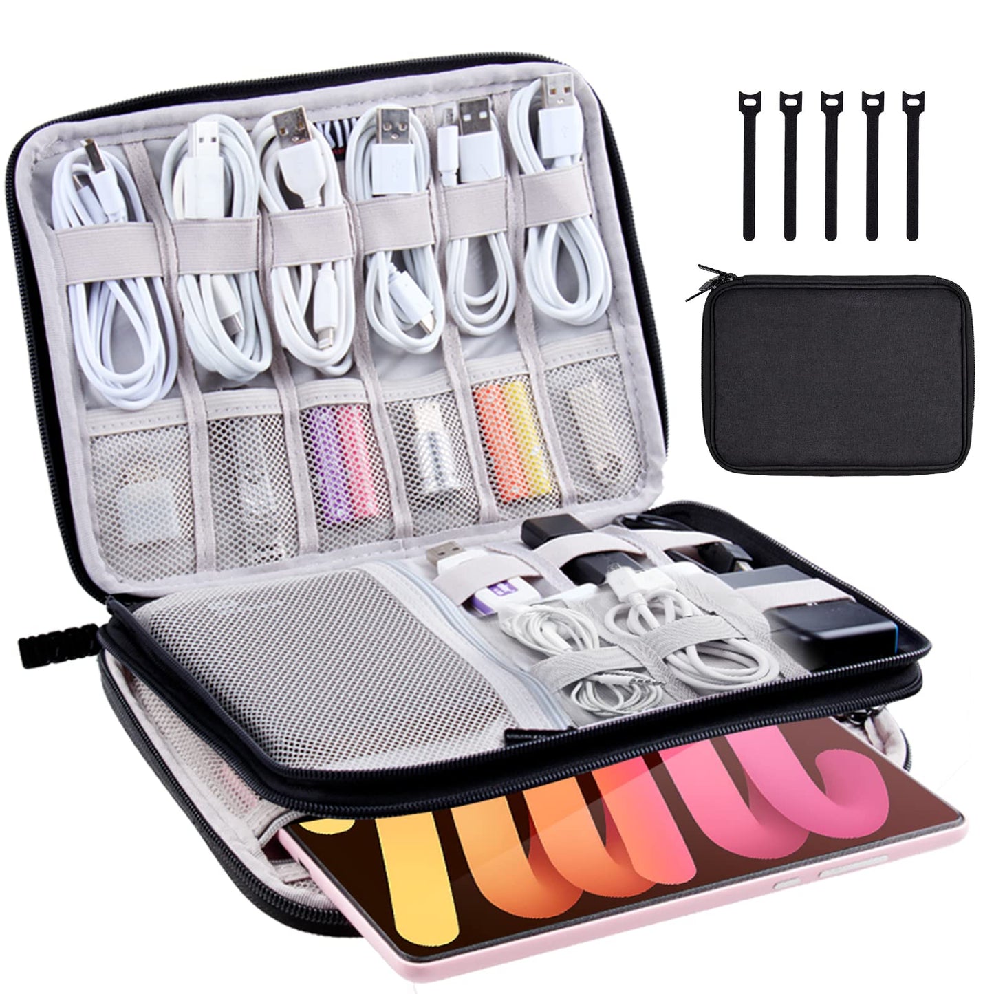CNPOP Electronics Organizer Travel Case Cord Cable Charger Organizer Bag Travel Accessories Essentials for Women Men Double Layers Tech Pouch with 5 Cable Ties for Phone Power Bank SD Card USB, Black