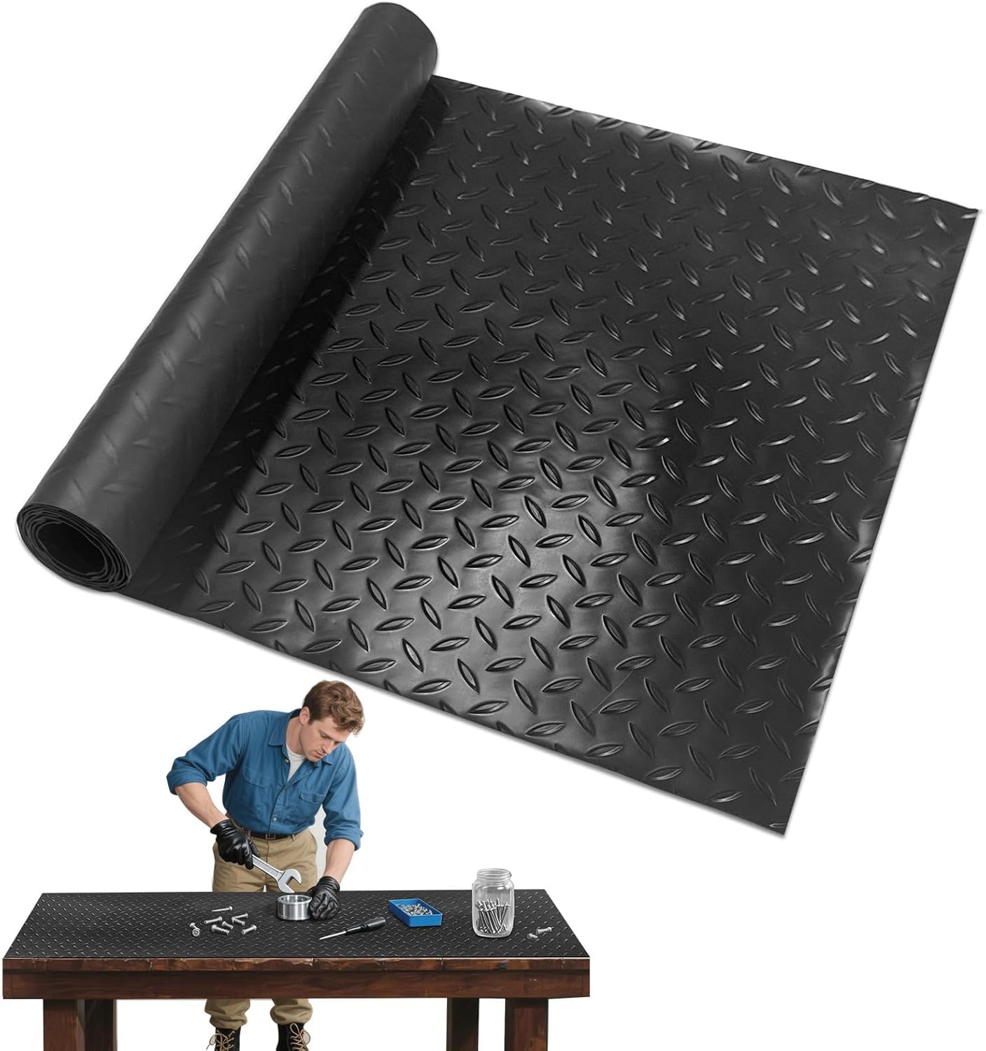 PVC Workbench Mat with Non-Slip Steel Plate Texture, 48 x 17 Inch, 1.5mm Thick, Scratch & Stain Resistant, for Woodworking, Crafting, DIY (Black, 48 * 17")