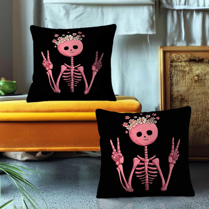 ZwenPdoe Skeleton Throw Pillow Covers 18x18 Set of 2 | Cute Pink Skull Decorative Cushion Covers with Hidden Zipper | Halloween Gothic Aesthetic Pillowcases for Couch Sofa Bedroom Decor