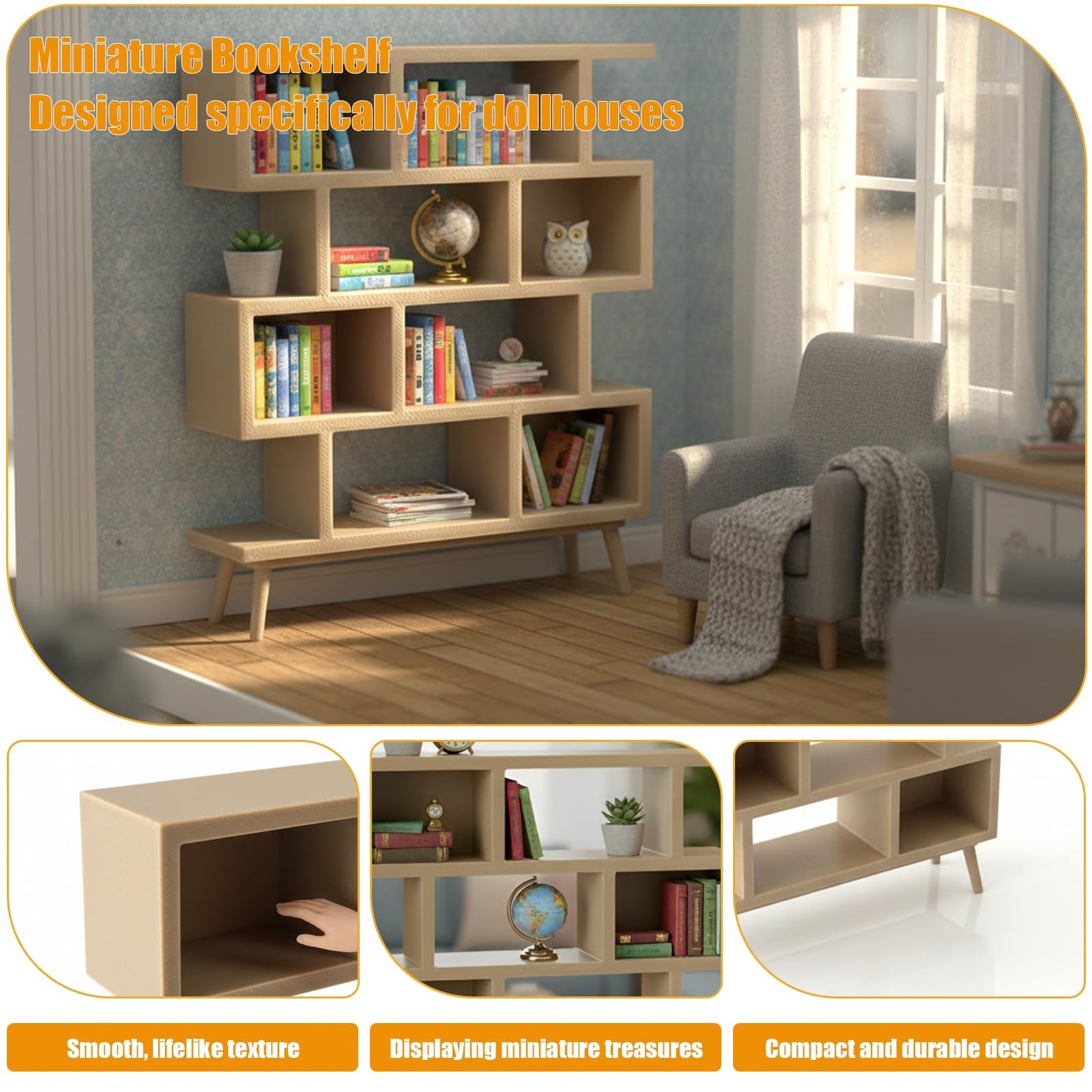 stazuvrt 1:12 Dollhouse Mini Bookshelf | 3D-Printed Modern Geometric Display Shelf, Ideal for Dollhouse Furniture Collectors(Natural Wood Color)