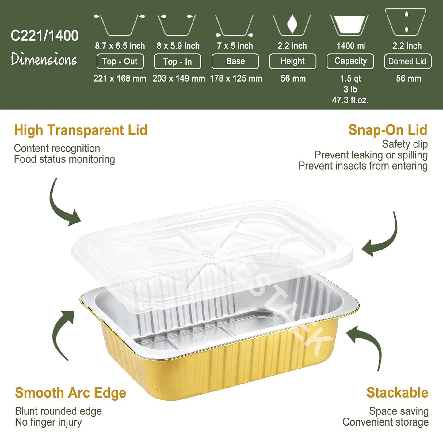 MESTAEK 8.5" x 6.5" Heavy-Duty Aluminum Foil Pans with Lids, 47oz, 5 Pack – Extra-Thick Disposable Foil Containers for Oven, Baking, Freezer & Food Storage
