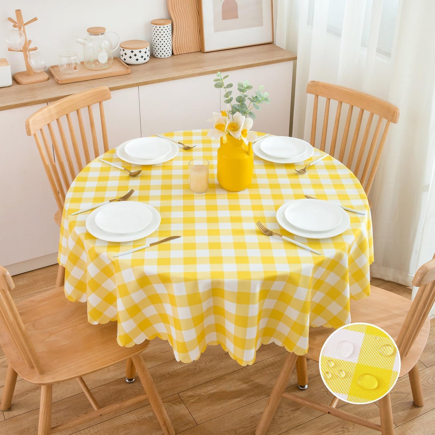 MANGATA CASA Yellow Gingham Round Tablecloth, Waterproof Checkered Table Cloth, Polyester Buffalo Plaid 60R inch