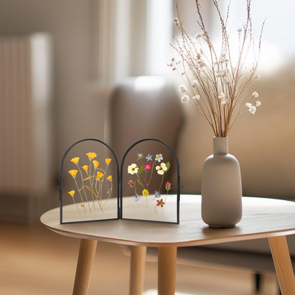 REDHUGO Double Glass Frame for Pressed Flowers Handmade, Pressed Flower Frame, Hinged Tabletop Brass Photo Frames, Dried Flower Display Folding Picture Frame for Home, ArcShaped, Black, 4×6 Inches
