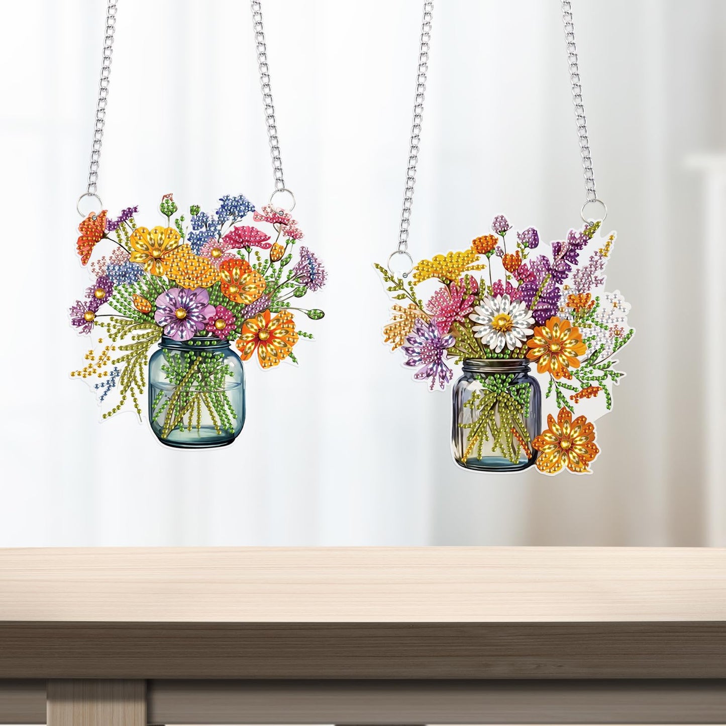 2 Pcs 5D DIY Diamond Painting Hanging Ornaments, Floral Bouquet Jar Design, Special Shaped Acrylic Diamond Art Suncatchers for Window or Wall Decor