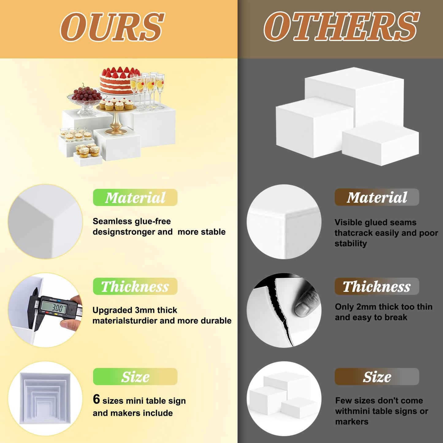 Qeanknar 6 Pcs White Acrylic Buffet Risers with Mini Sign and Maker, Food Display Stands for Buffet Table Party Catering Dessert Jewelry Collectibles,Nesting Cube Boxes with Hollow Bottoms