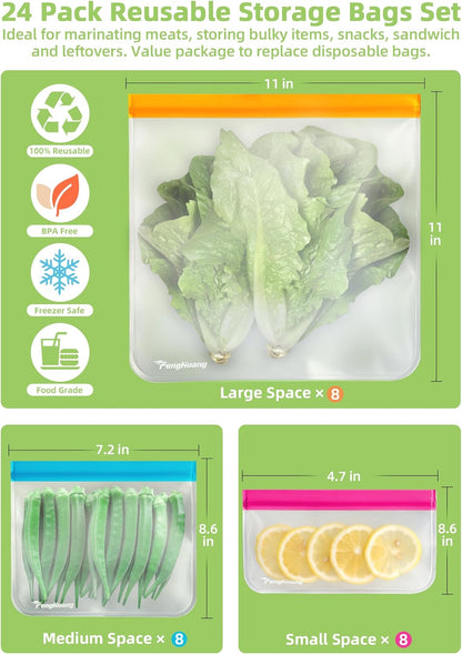 24 Reusable Food Storage Bags, BPA FREE (8 Gallon Bags + 8 Leakproof Sandwich Bags + 8 Snack Bags) Extra Thick