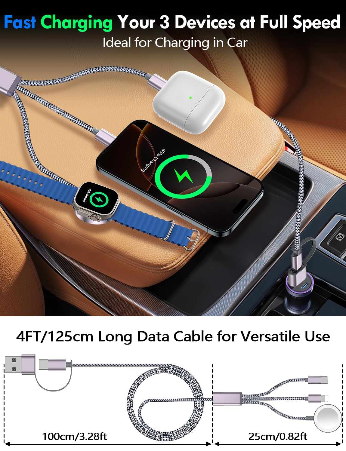 2Pack Multi Fast Charging Cable for Travel Vacation Essentials,iPhone 17 Charger,Apple Watch Charger,3-in-2USB A/Type C/Lightning Cable for iWatch,iPhone 17-11,Nintendo Switch,Airpods,Home,Office-4FT