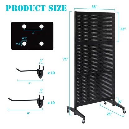 3'x 6' Black Pegboard Panels Display Stand with T-Base, Metal Peg Board Organizer Panels Display Rack With Wheel, Craft Fair Display Rack, Art Display Stand, Retail Display, Extra 20 pieces Hooks