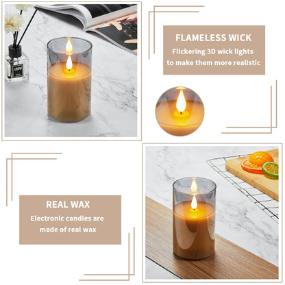 Guluto Glass Battery Operated LED Flameless Candles, Set of 2, D 3" x H 5", Real Wax Pillar Flickering Candles with Remote and Timer, Electronic Candle with 3D Wick for Festival Home Party Decor Grey