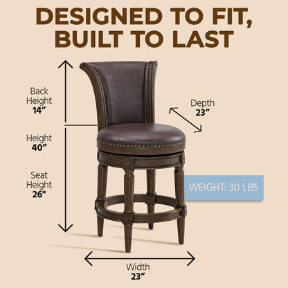 ROME + OAK Runyan 26" Swivel Counter Stool, Rotating High Back Barstool in Dark Walnut Finish with Vintage Brown Vegan Leather Seat