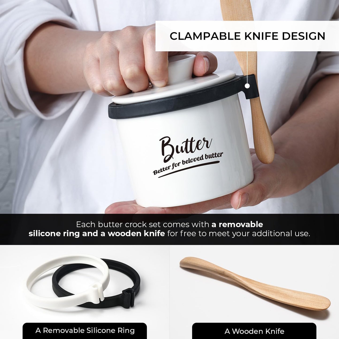 Butter Crock French Butter Dish with Lid and Knife for Countertop - Keeps Butter Soft and Fresh for 2-5 Weeks, White