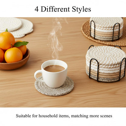 ZEXOLAP Drink Coasters Set of 8 with Holder – Cotton Woven Absorbent Coasters, 4 Colors for Coffee, Beer, Drinks & Tabletop Protection
