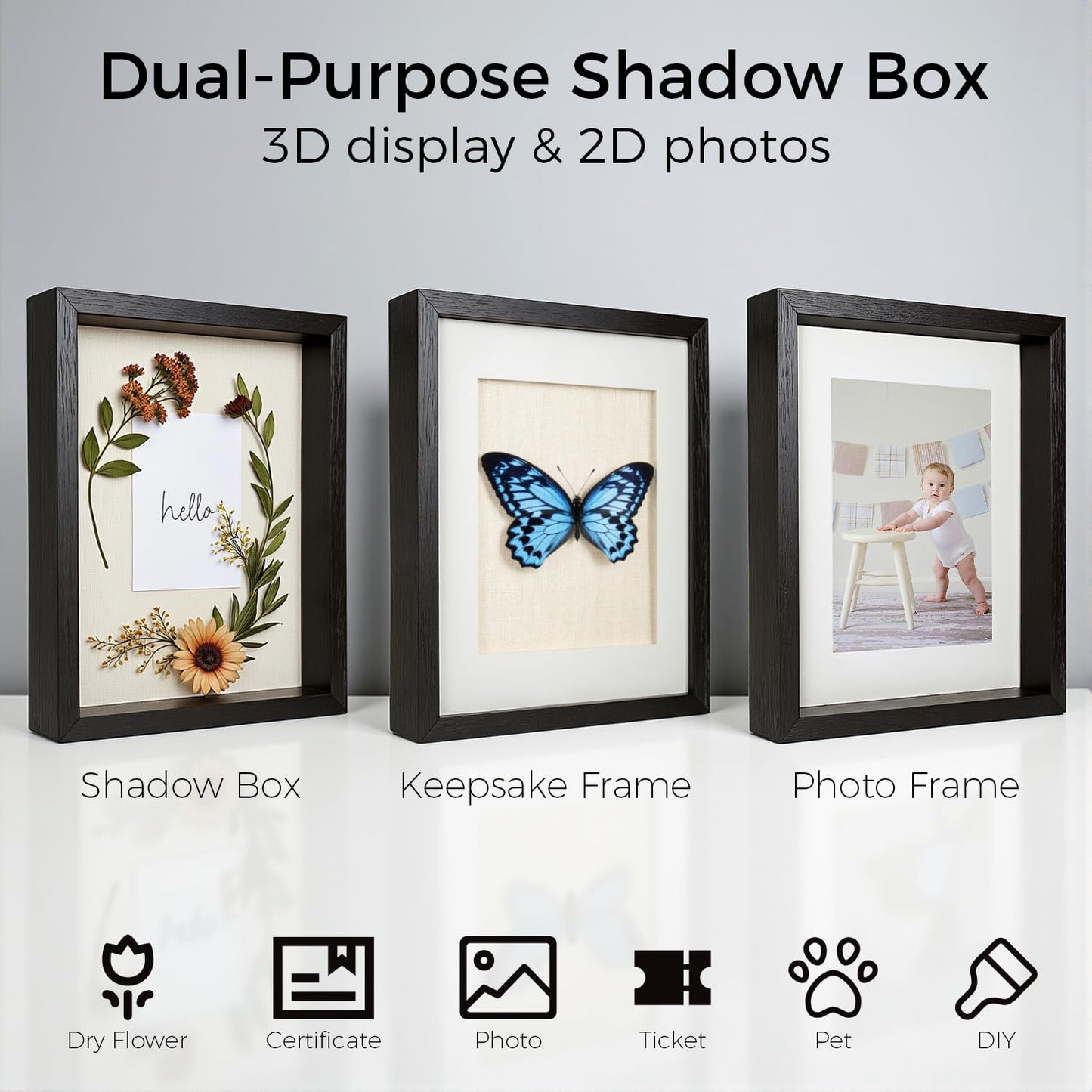 Heyxinda 11x14 Shadow Box Picture Frames 4 Pack, Wooden Display Cases with Linen Board, Use as 9x12 Frame with Mat or 11x14 without Mat, 1.0" Interior Depth for Flowers Memorabilia Collectibles, Black