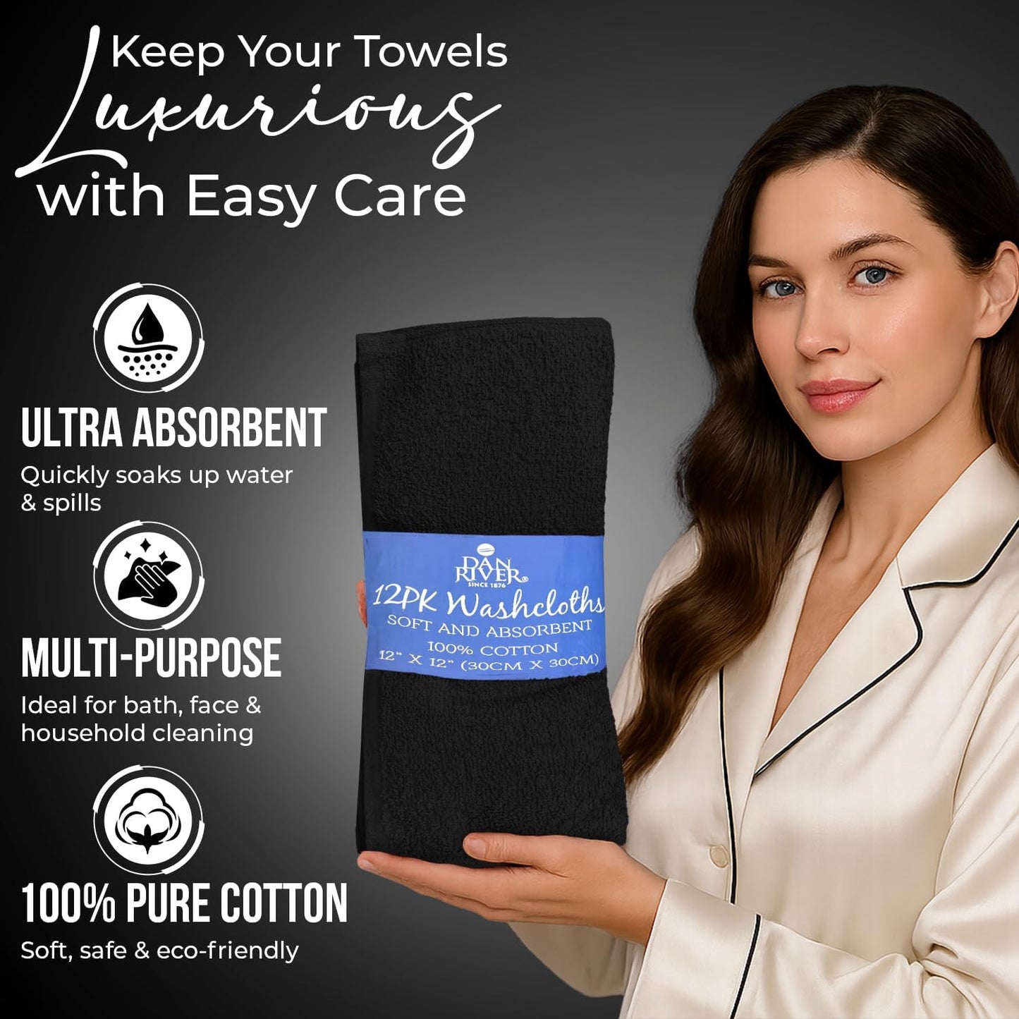 12 Pack [12x12] 100% DAN RIVER Wash Cloths for Showering - Cotton Washcloths Premium Quality Flannel Face Cloths