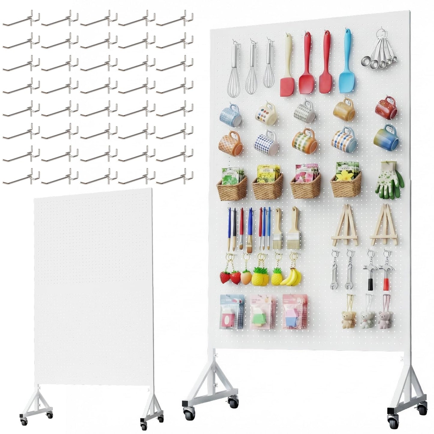 Giklux Metal Pegboard Display Stand 3.5 x 5.5 Feet, Adjustable Height with 40 Peg Board Hooks and Wheels, Pegboard Display Rack, Craft Display Rack, Retail Display Rack, Garage Peg Board