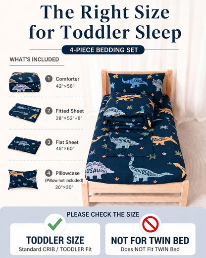 TinyPalsa Dinosaur Toddler Bedding Set, 4-Piece Comforter Set for Girls and Boys, Breathable Crib Bedding Includes Ultra-Soft Plush Minky Comforter, Flat and Fitted Sheets, and Reversible Pillowcase