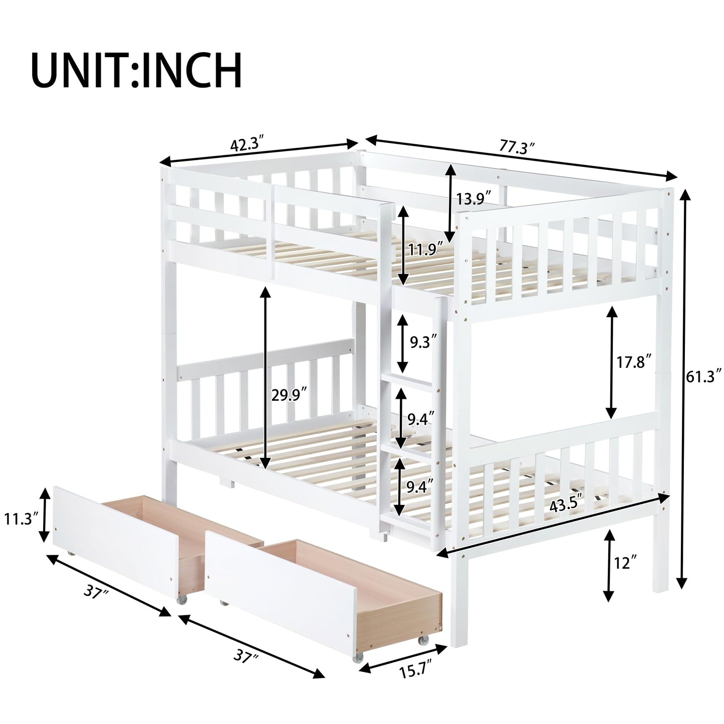 MERITLINE Wood Bunk Bed with Drawers, Convertible Bunk Bed with Ladders and Two Storage Drawers, Solid Wood Detachable Bedframe with Guardrails, Twin Over Twin, White