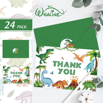 Whaline 24 Pack Dinosaur Thank You Cards Watercolor Green Jurassic Greeting Card with Envelopes Sticker Cute Animal Blank Note Card for Baby Shower Party Invitation Supplies, 4 x 6 Inch