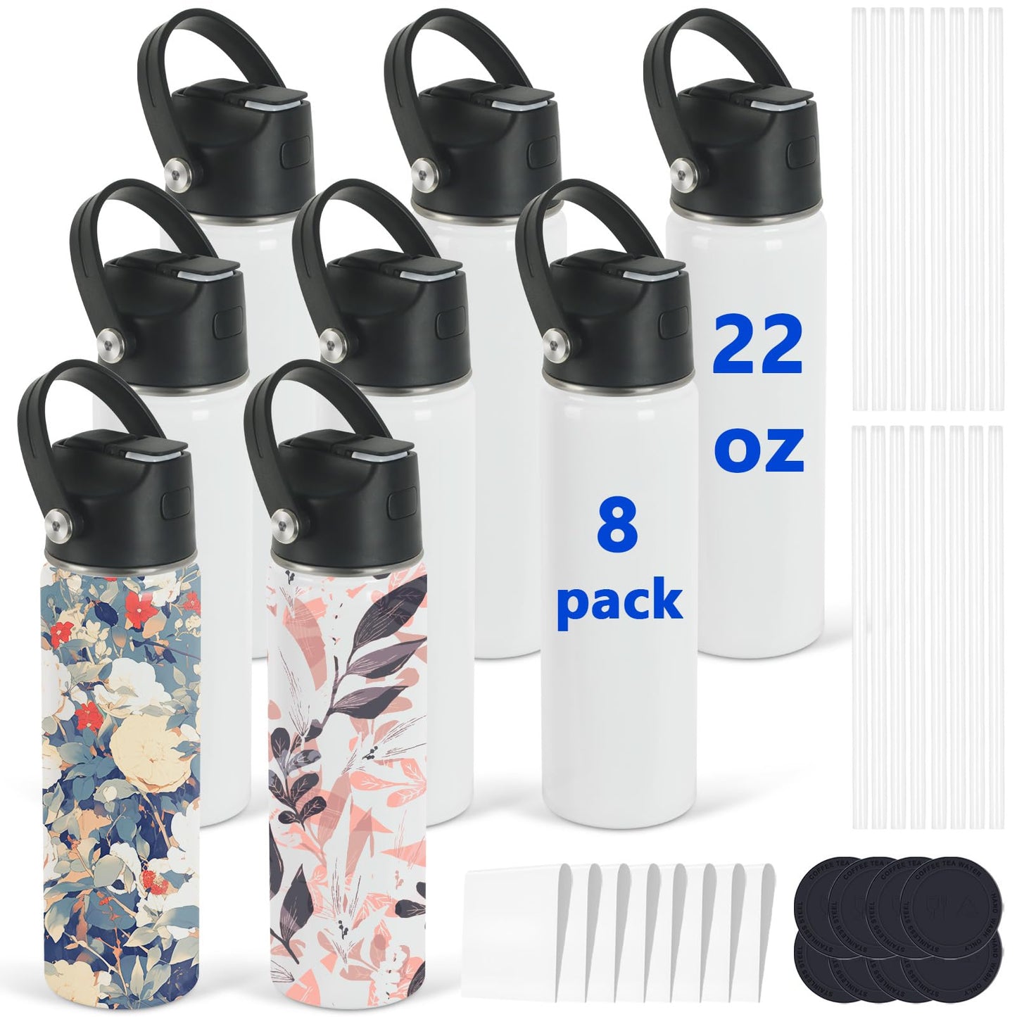 Draheri Sublimation Sports Water Bottle Blanks, 22 oz Sublimation Tumblers Bulk, Stainless Steel Insulated Tumblers with Leak Proof Lid and Portable Handle, Individually Boxed (8 Pack)