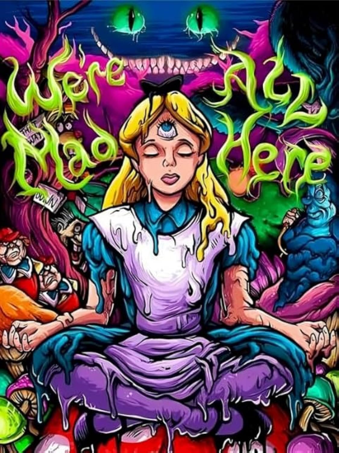 Modern Merch Alice in Wonderland Diamond Art Kits for Adults 'We're All Mad Here' 5D Diamond Painting for Adults, DIY Trippy Wall Art, Cross Stitch Gem Art, Full Round Drill 12x16