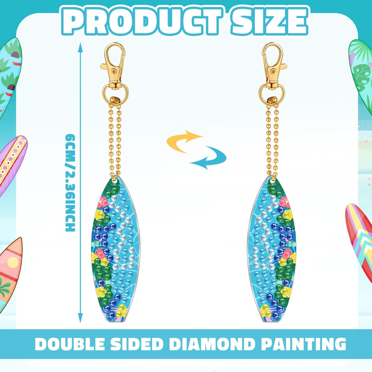 Huquary 30 Pcs Summer Diamond Art Keychains Surfboard Diamond Painting Keychain Kits for Aldults Double Sided 5d Rhinestones Beach Hawaiian Luau Party Hanging Ornaments for Beginners DIY Crafts
