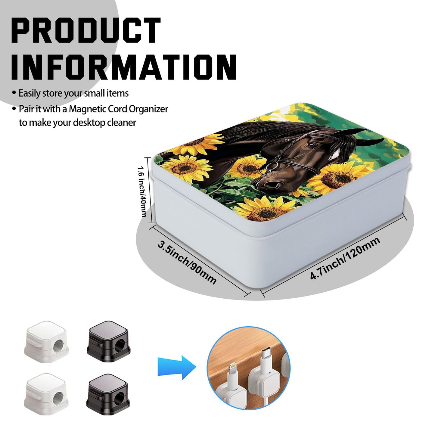 VACGBJPG Metal Tin Box with Lid for Game Cards Home Organizer Candles Keys Crafts Storage - Equipped with 4 Magnetic Cord Clips，Horses and Sunflowers