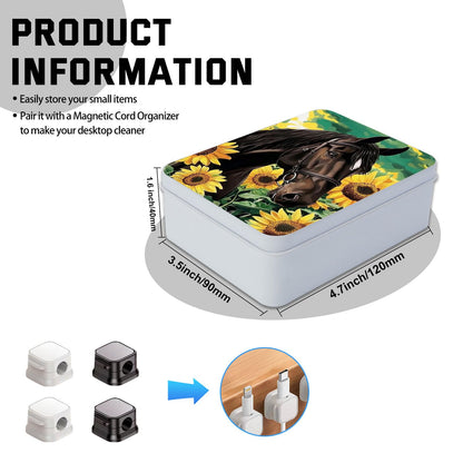 VACGBJPG Metal Tin Box with Lid for Game Cards Home Organizer Candles Keys Crafts Storage - Equipped with 4 Magnetic Cord Clips，Horses and Sunflowers