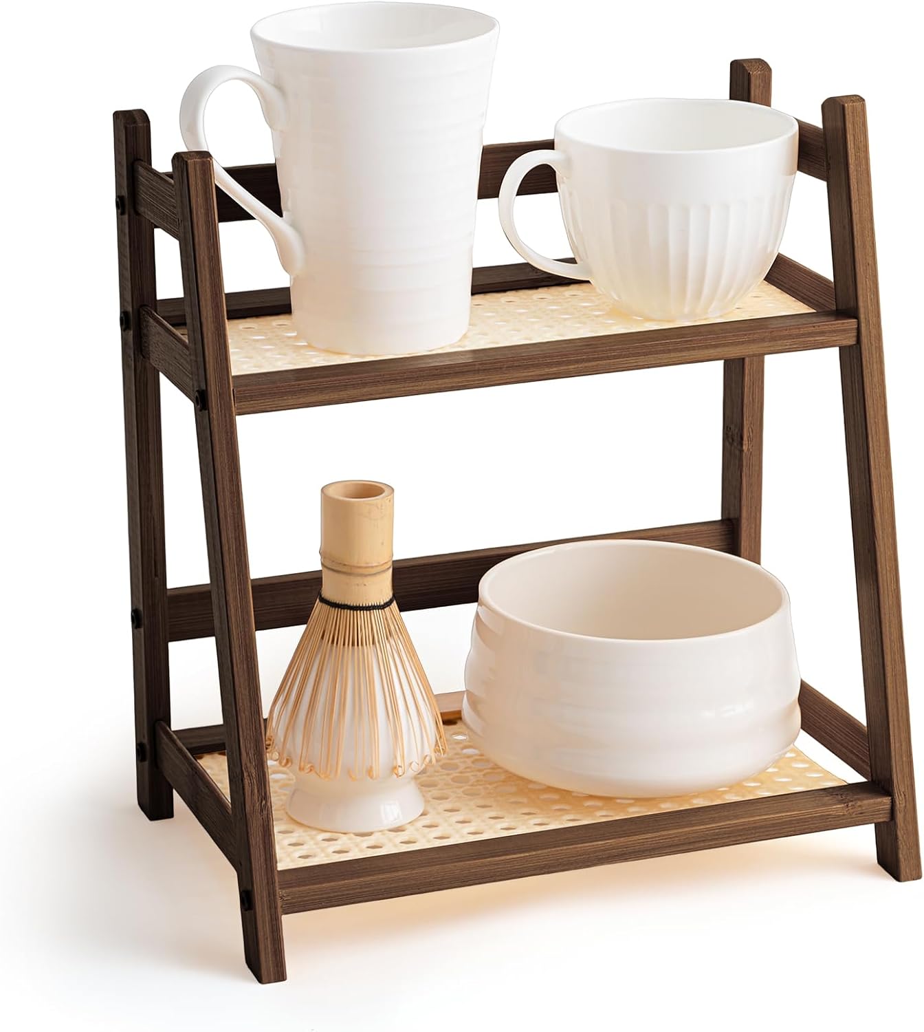 1 2 Countertop Display(Brown,10.2 Inch) Yalikop Pcs Tier Matcha Station Shelf Bamboo Coffee Mug Stand Storage Rack