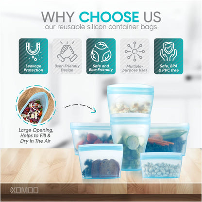 Reusable food container silicone bag, Upgrade second generation 6 Pcs Zip Containers Storage, 100% Silicone Reusable Food Bag, Stand Up Preservation Bag, Rounded interior for easy cleaning.
