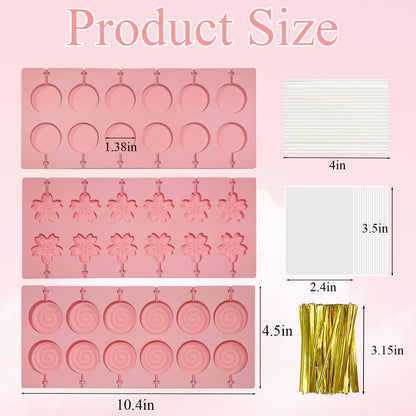 3Pcs Lollipop Mold Kit, 36 Capacity CHELIZIYA 3 Shapes Pink Silicone Candy Molds, Non-Stick Silicone Flower Chocolate Mold with 100Pcs Sticks, 100Pcs Bags, 100Pcs Ties for Party