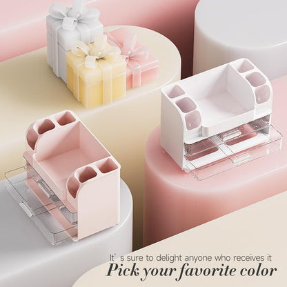 Delamu Large Makeup Organizer Countertop with 6 Brush Holders, Makeup Organizers for Vanity with 2 Large Drawers, Easy to Store Skincare, Lipsticks, Nail Polishes, Perfumes, Eyeshadow Palettes, White
