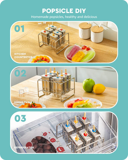 Baffect Metal Popsicle Moulds, Set of 6 Round Head Stainless Steel Ice Lolly Molds with Holder, Fast Freezing Ice Cream Makers with Lollipop Sticks and Bags