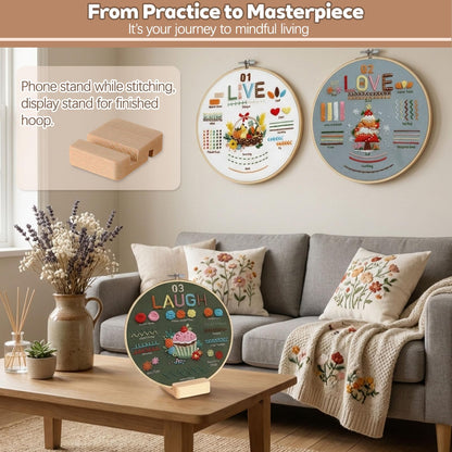 CLRDIVA Embroidery Starter Kit for Beginners: Easy DIY Needlepoint Set with Phone Stand for Step-by-Step Video Tutorials - Stress Free to Learn 29 Basic Stitches - Relaxing Crafts for Adults