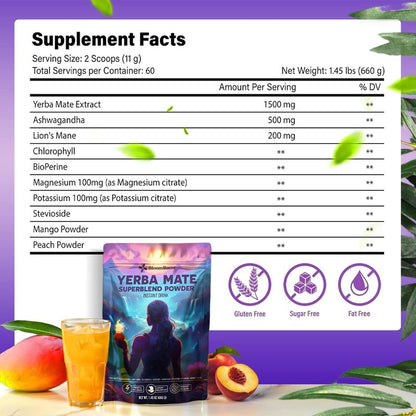 Yerba Mate Instant Tea Powder for Clean Energy & Mental Focus with Lion’s Mane & Ashwagandha, Sugar-Free Superfood Blend – Peach Mango Flavor, 60 Servings