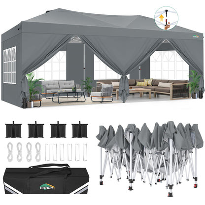 COBIZI Canopy 10x20 Pop Up Canopy Tent with 6 Sidewalls, One Push Party Tents for Parties Outdoor Wedding Waterproof Gazebo Commercial Event Tent with Sandbags, Grey