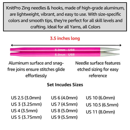 KnitPro Zing Regal Set 4 inch Circular Knitting Needles Size 2.5, 3, 4, 5, 6, 7, 8, 9, 10, 10.5, 11 Interchangeable, 5 Cables, Connectors & More, Fabric Case with Project Bag