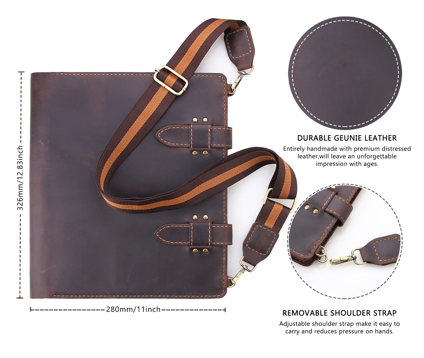 Robrasim Handmade Leather Sketchbook Cover, Artist Sketch Pad Holder for 9"X12" Sketchbook, Drawing Book and Pencil Case, Journal Notebook Portfolio with Shoulder Strap, Artist Gifts, Coffee