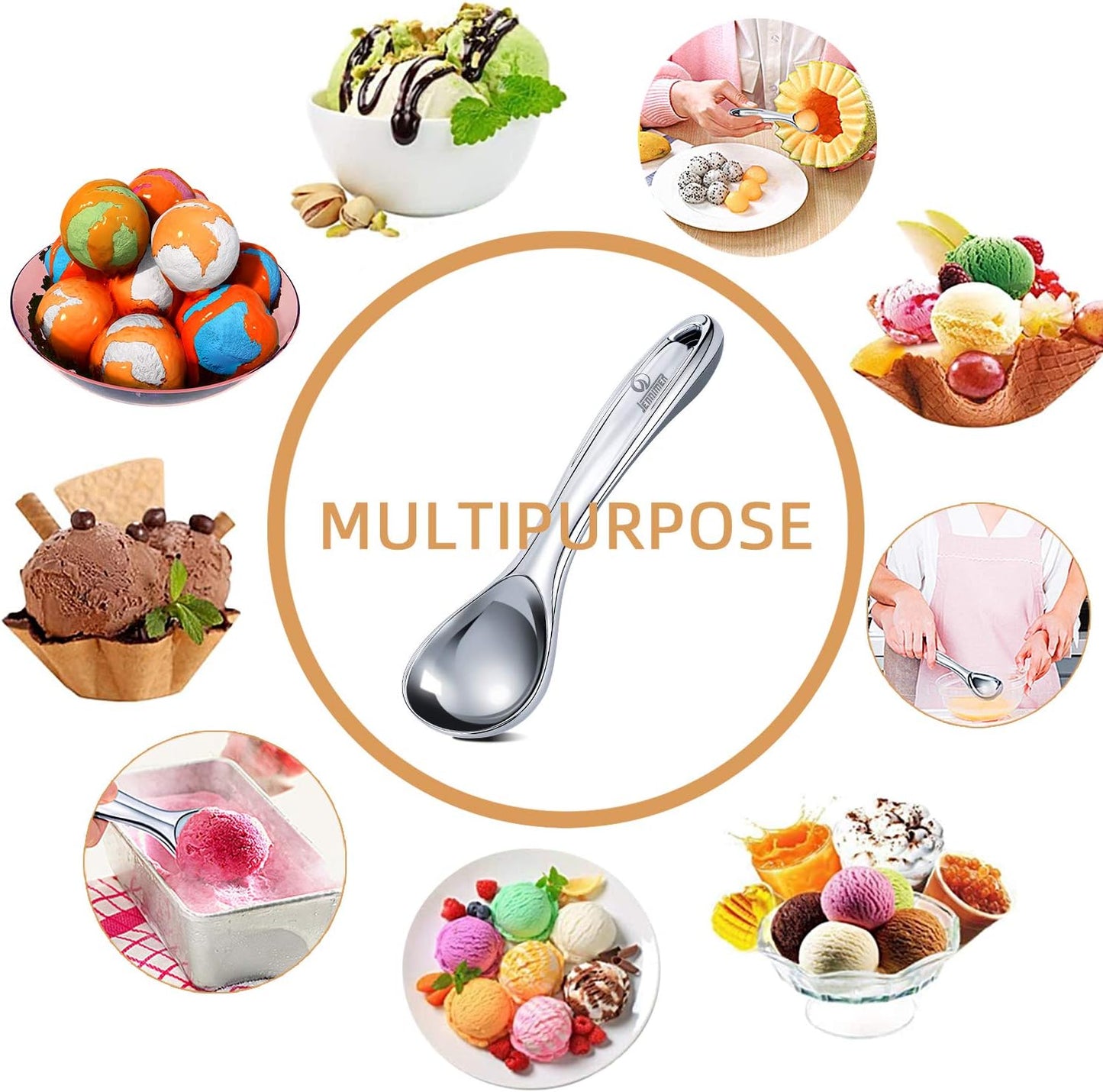 Heavy Duty Ice Cream Scoop, Commercial Antifreeze-Metal Scoop with Hook, Professional Easy-Grip Unbreakable (Silver)