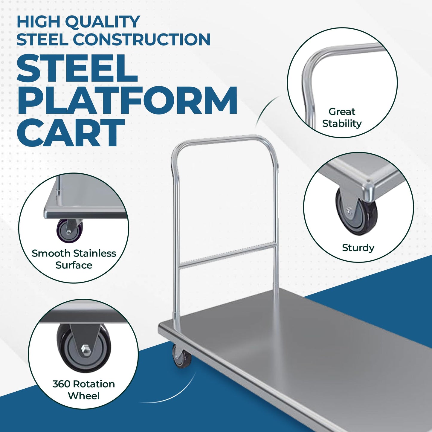 Express-KitchQuip Stainless Steel Platform Cart – 24" W x 48" L x 32" H | Heavy-Duty Flatbed Push Dolly with Handle | Utility Transport Cart for Commercial Kitchens, Warehouses, and Storage