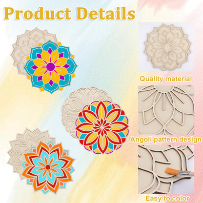 HICOHAND Wooden Mandala Sand Art Set, 3PCS Floral Indian Rangoli Stencils Wooden Mandala DIY Crafts for Indian Traditional Festival Home Decorations
