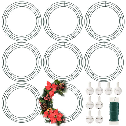 8 Pack Wire Wreath Frame 12 Inch Metal Form Ring for Crafts DIY Front Door Christmas New Year Valentines Wedding Garden Home Party Decoration with 38 Yard Paddle Wire