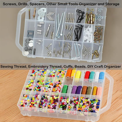 Double-Sided Sewing Organizer Box with 46 Grids - Clear Plastic Thread Storage Case for Embroidery Floss, Sewing Threads, Needles, Beads & Craft Supplies (Portable Craft Organization Container)